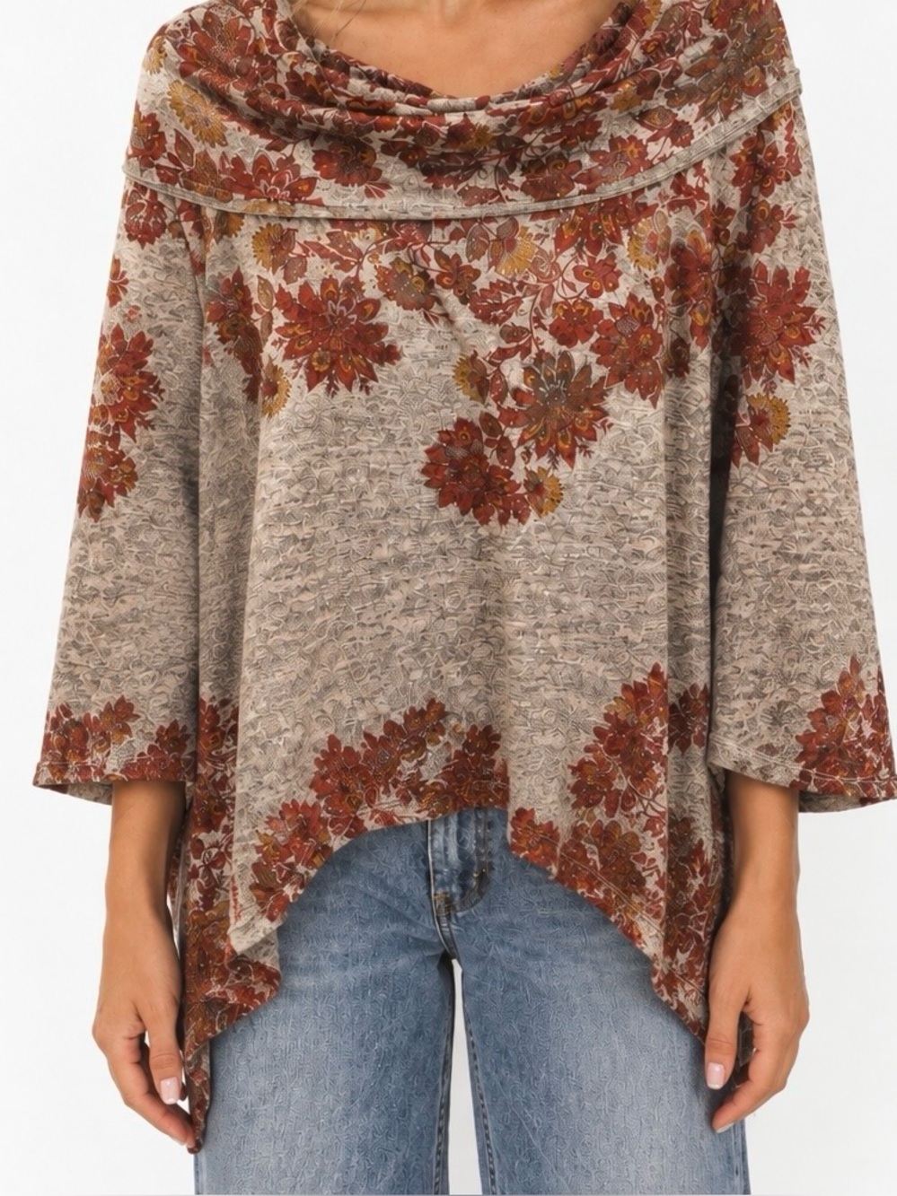 One World Y2K Style Boho Floral Cowl Neck Sharkbite Hem Tunic L